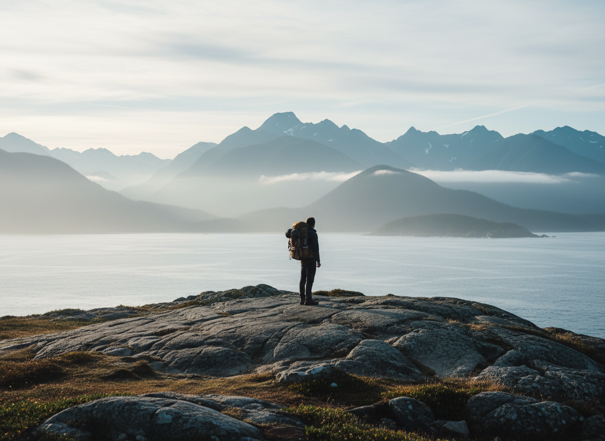 Cinematic editorial travel photograph, a lone traveler with a backpack standing at a wide open coastal viewpoint in British Columbia, misty mountains and ocean in the distance, soft natural morning light, sophisticated muted tones, documentary photography style, evoking new beginnings and finding your way, high-end magazine aesthetic